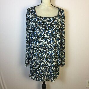 Halogen Blouse Tunic Top 3X Woman Plus Blue Black Floral Side Ruched Square Neck
